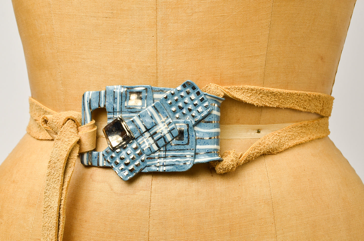 Vintage Ceramic Hippie California Artisan Leather Belt Blue Geometric