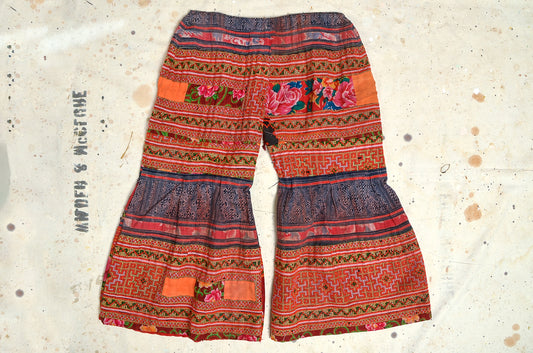 1970s Hippie Pants Hill Tribe Patchwork Woven Cotton Flared Hippie Pants