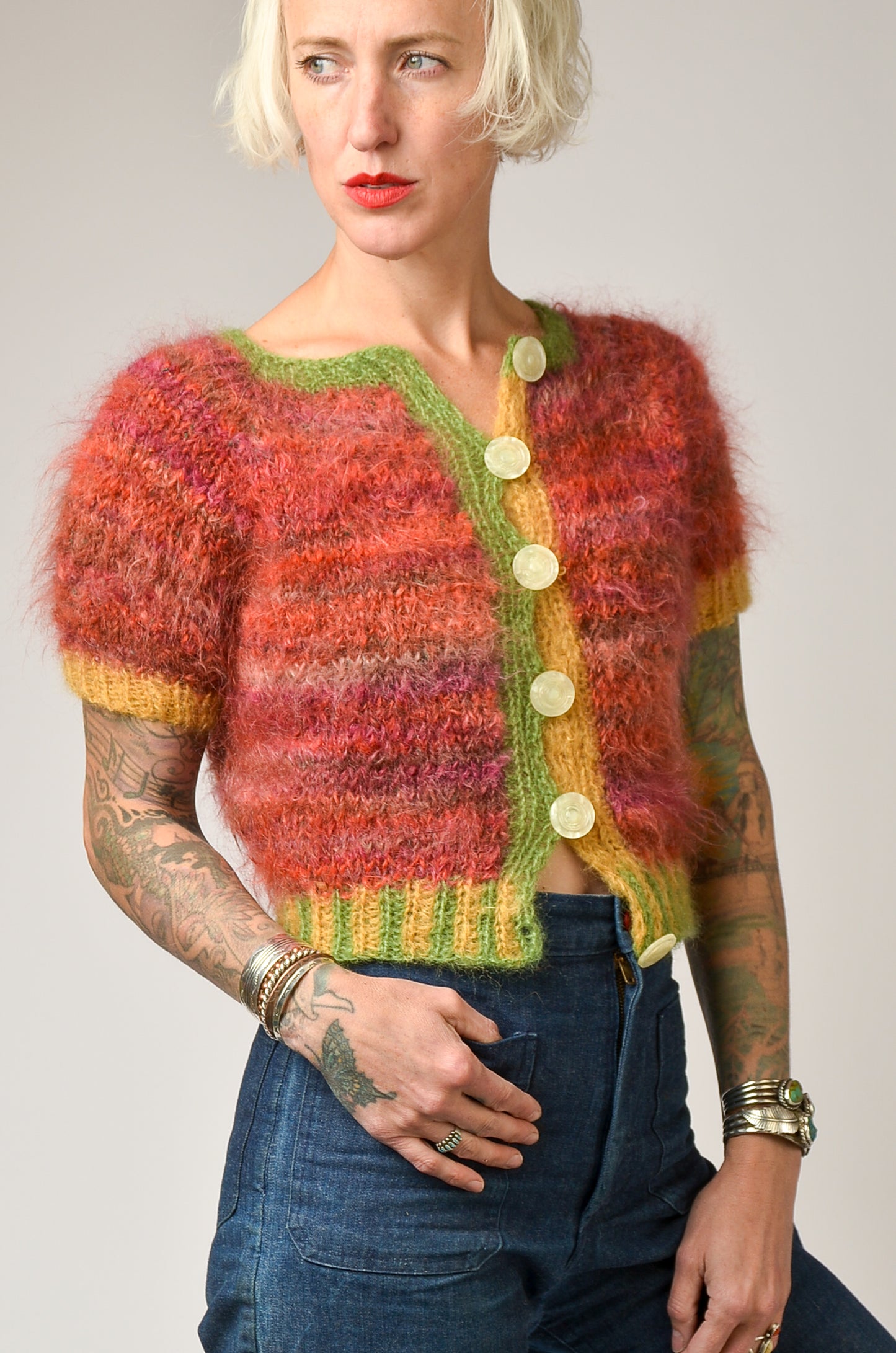 Fuzzy Mohair Cardigan Handknit Block Color Sweater Jacket