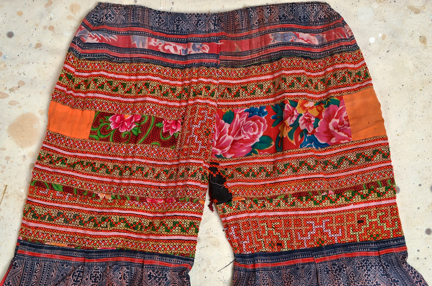 1970s Hippie Pants Hill Tribe Patchwork Woven Cotton Flared Hippie Pants