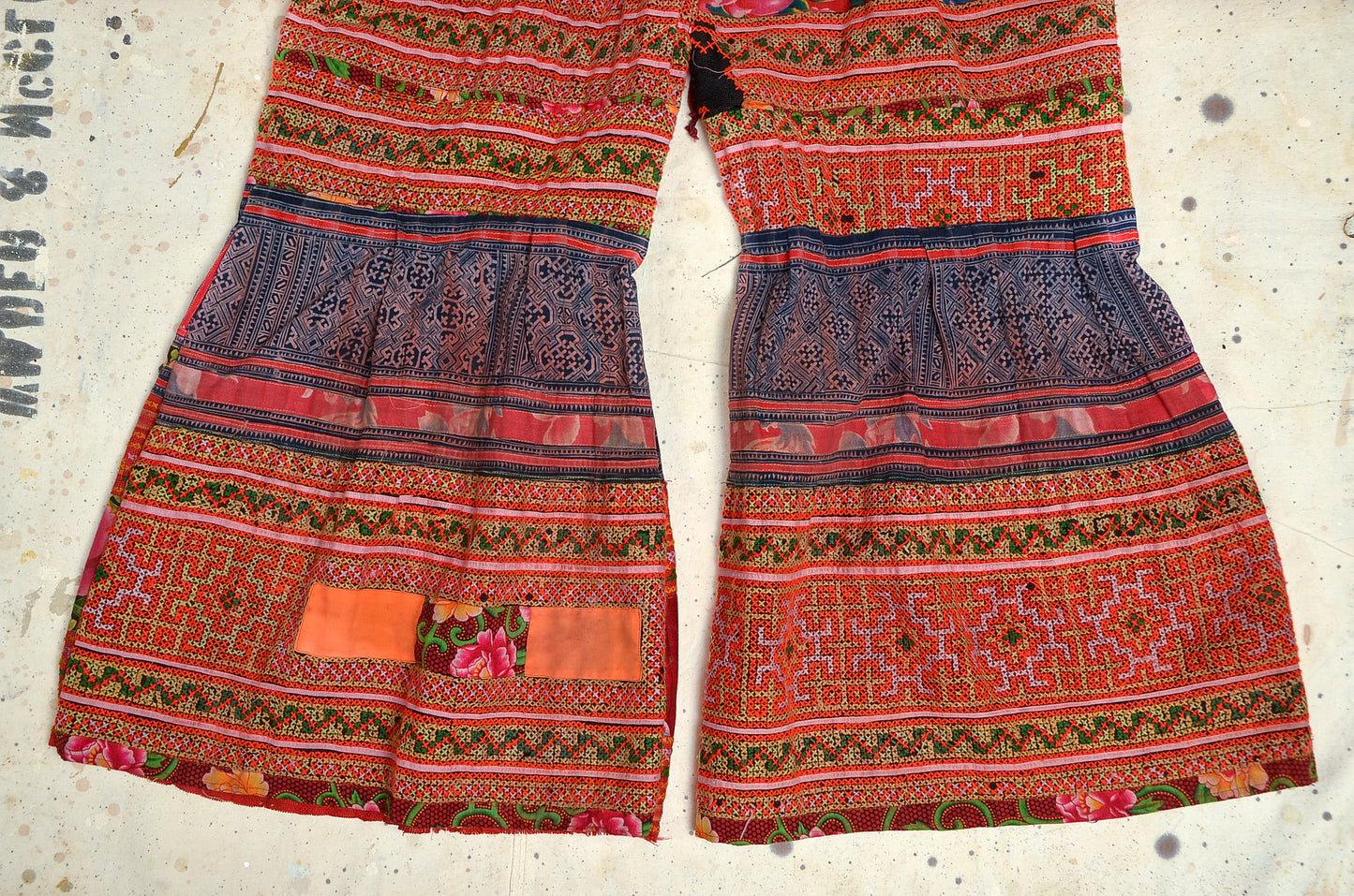 1970s Hippie Pants Hill Tribe Patchwork Woven Cotton Flared Hippie Pants