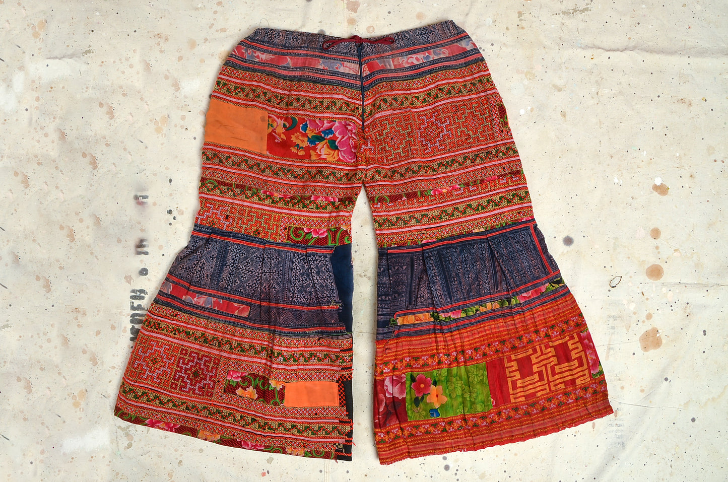 1970s Hippie Pants Hill Tribe Patchwork Woven Cotton Flared Hippie Pants