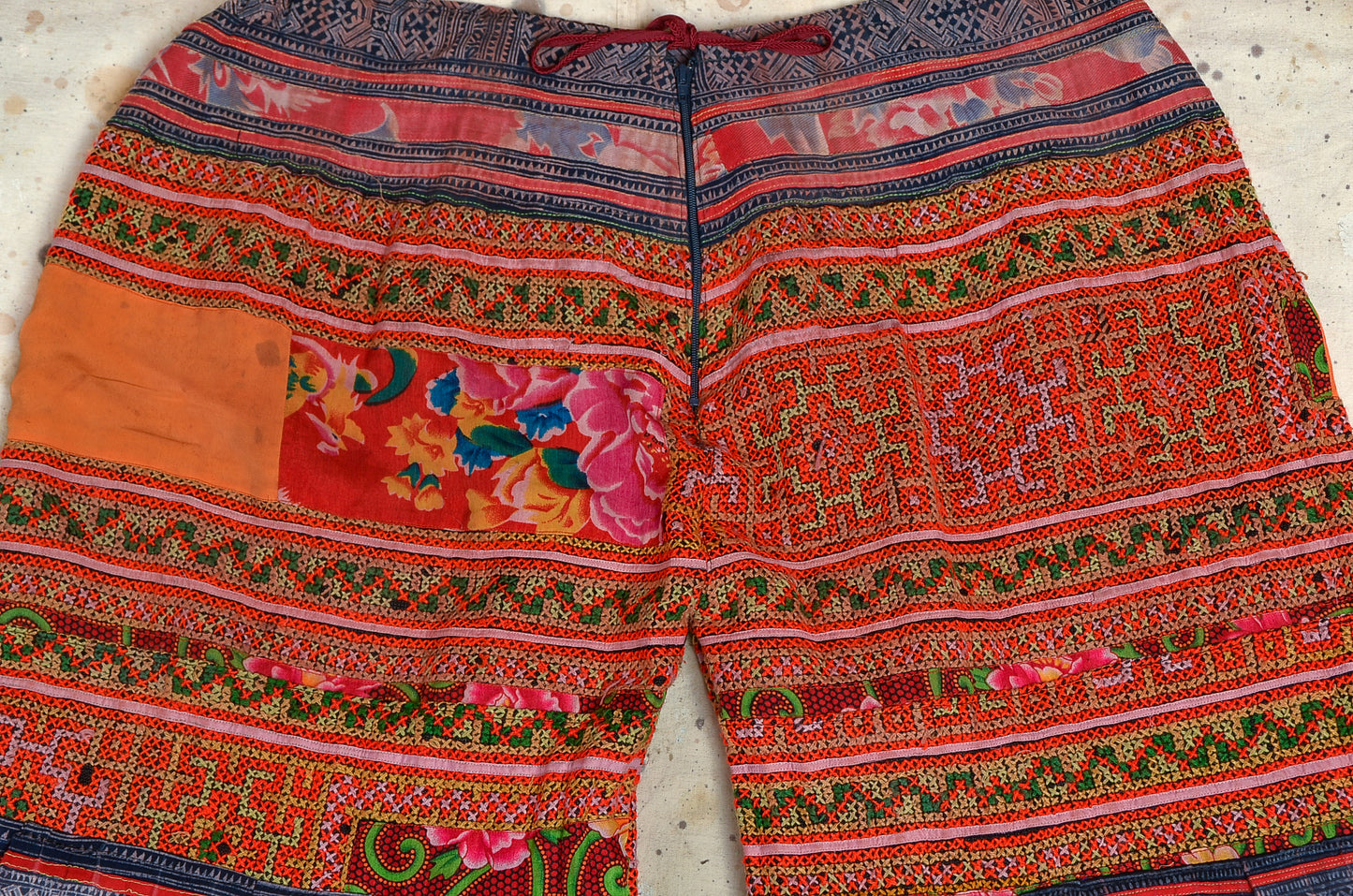 1970s Hippie Pants Hill Tribe Patchwork Woven Cotton Flared Hippie Pants