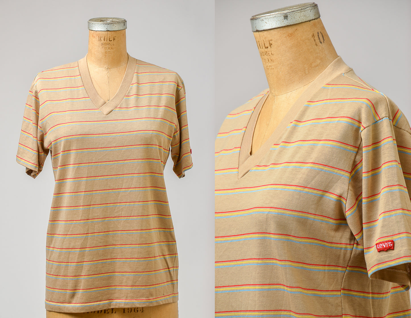 1970s Levis Earth Tone Stripe V Neck Cotton T Shirt