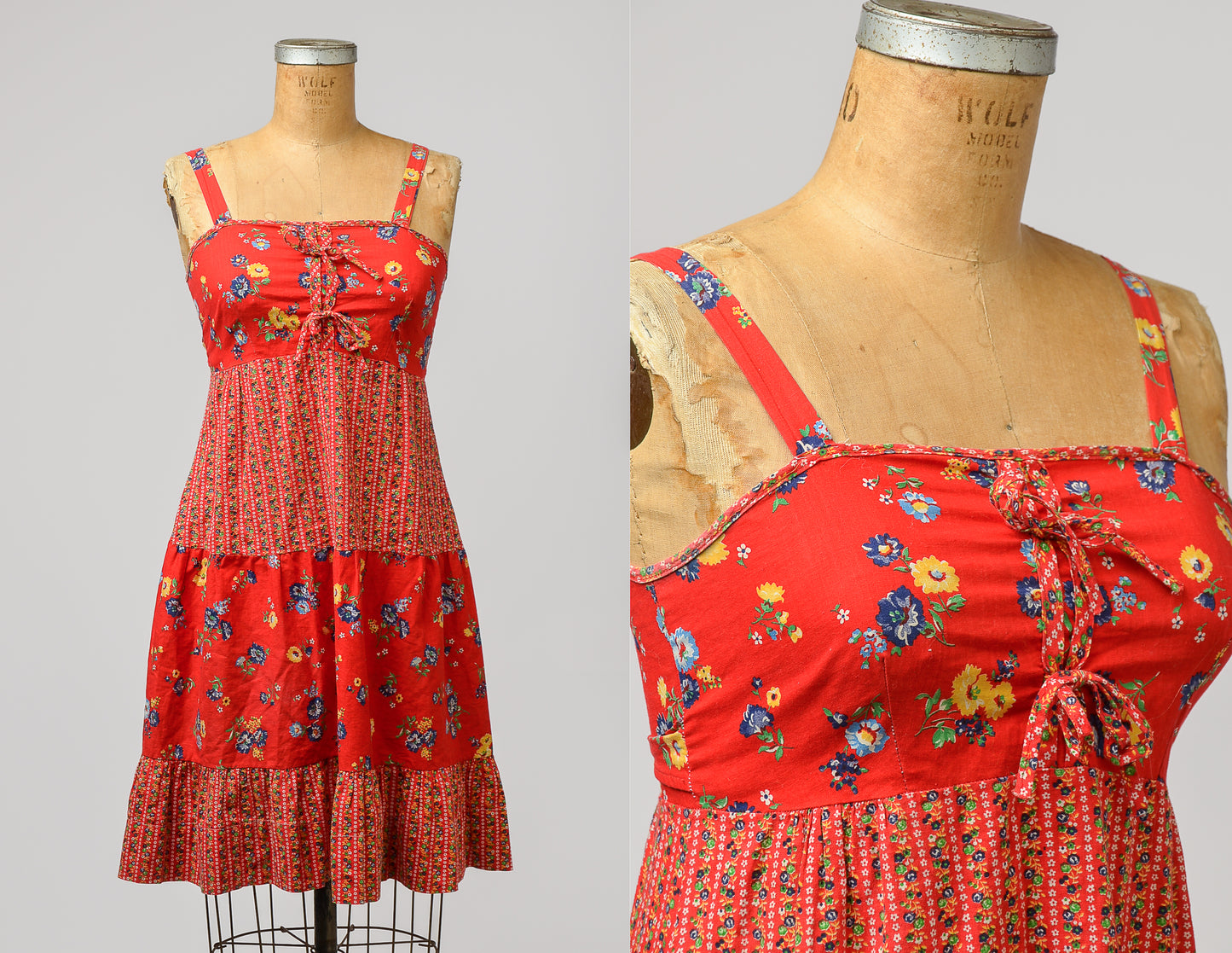 1970s Cotton Prairie Dress Red and Yellow Floral Gunne Style Dress