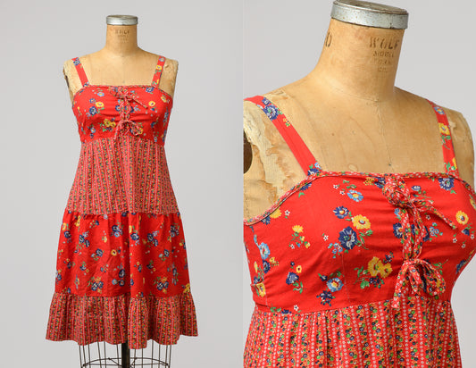 1970s Cotton Prairie Dress Red and Yellow Floral Gunne Style Dress