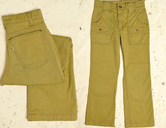 1970s Levis Cargo Pants Safari Style Light Green Hippie Jeans 28 x 27