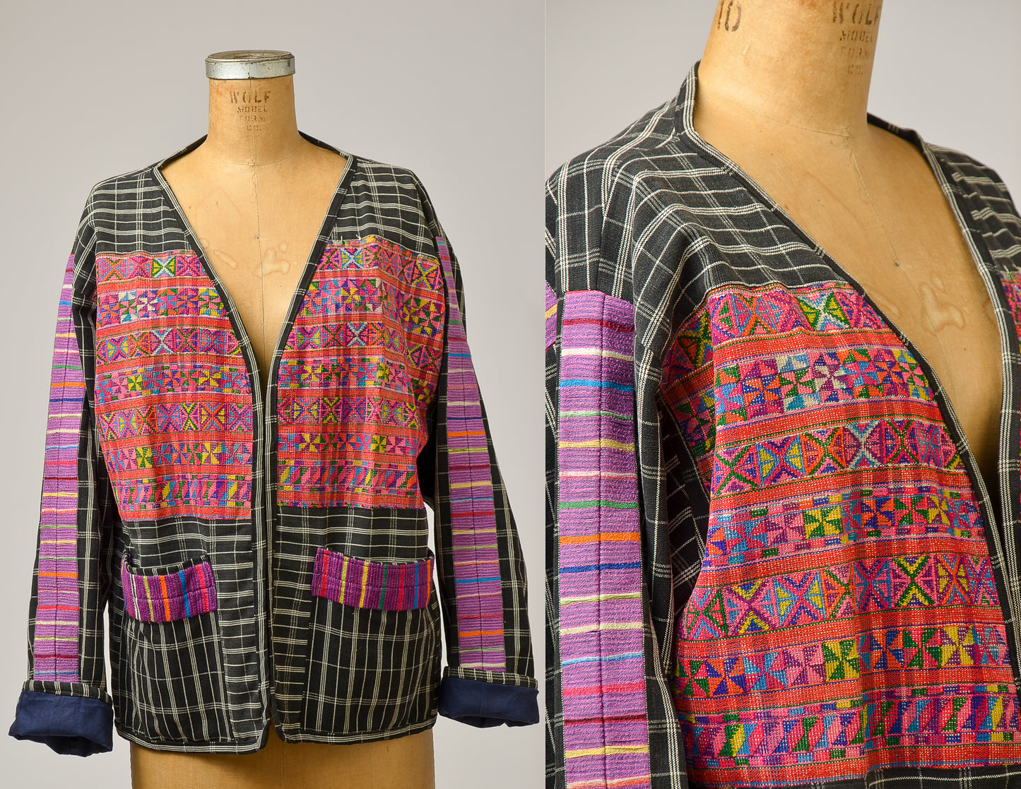 1970s Guatemalan Jacket Hand Woven Quilted Black Denim Folk Jacket