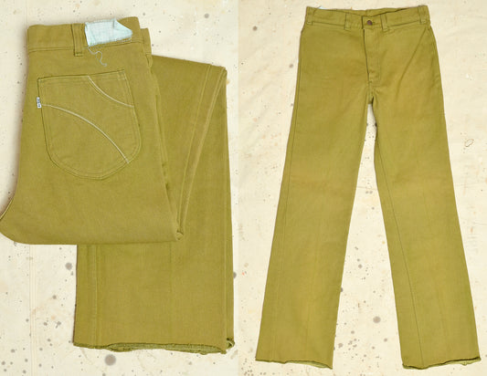 1970s Levis Pea Green High Waisted Wide Leg Jeans W 31