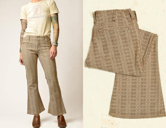 1970s Jacquard Knit Hippie Pants Flared Brown and White Cotton Knit Beatnik Belled Pants 28 x 28