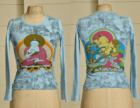 Vintage Tibetan Buddhism Hand Blocked All Over Print Long Sleeve Cotton Import T Shirt Deadstock