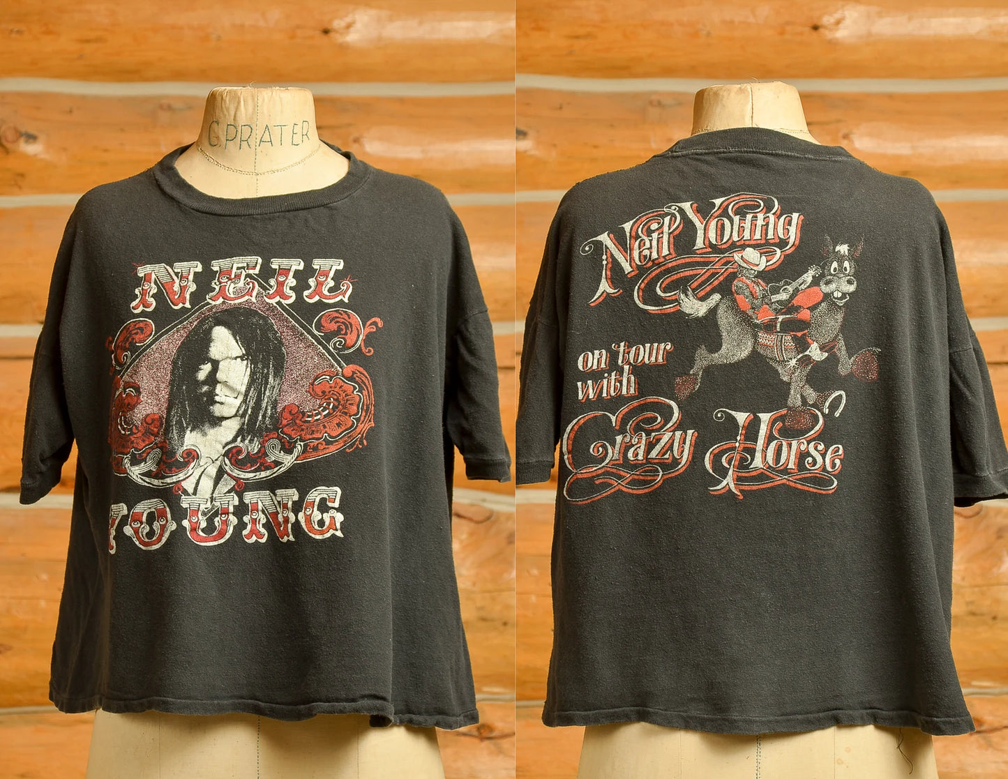 1970s Neil Young and Crazy Horse Black Cotton Front and Back Print T Shirt