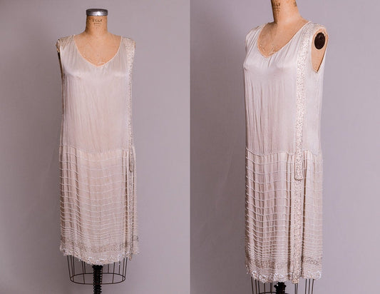 1920s Ivory Beaded Flapper Dress Hand Glass Beaded Ivory Silk Gatsby Dress