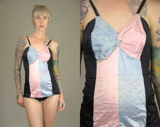 1940s Satin Swimsuit Sweetheart Pin Up Pink & Blue One Piece Bathing Suit Playsuit