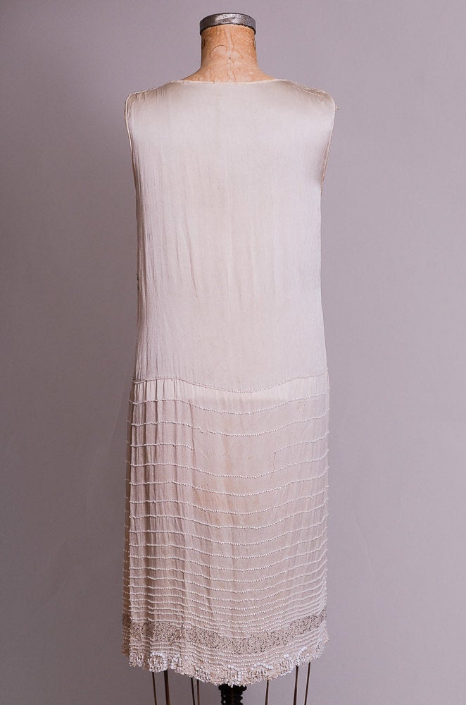1920s Ivory Beaded Flapper Dress Hand Glass Beaded Ivory Silk Gatsby Dress