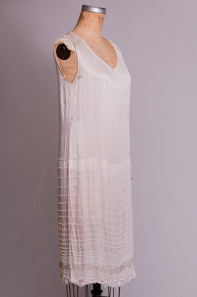 1920s Ivory Beaded Flapper Dress Hand Glass Beaded Ivory Silk Gatsby Dress