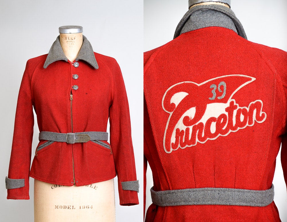 1930s Princeton School Jacket Crimson Wool Grommet Zip Lettermans Jacket