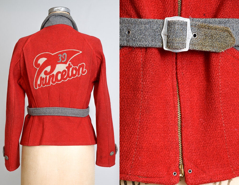 1930s Princeton School Jacket Crimson Wool Grommet Zip Lettermans Jacket