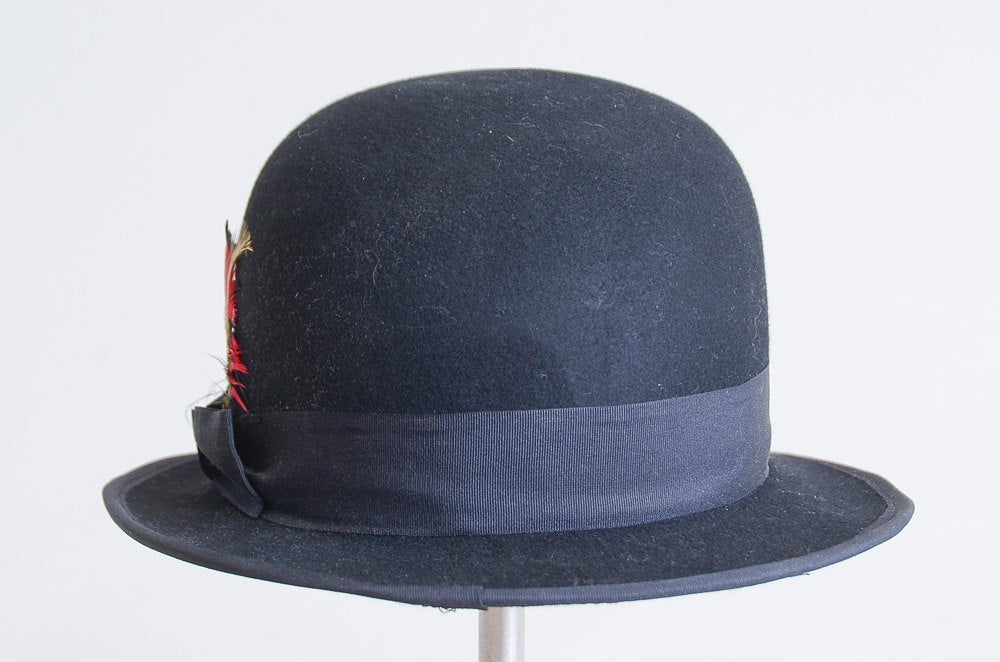 Vintage French Bowler Hat Black Wool Felt Feathered Formal Hat