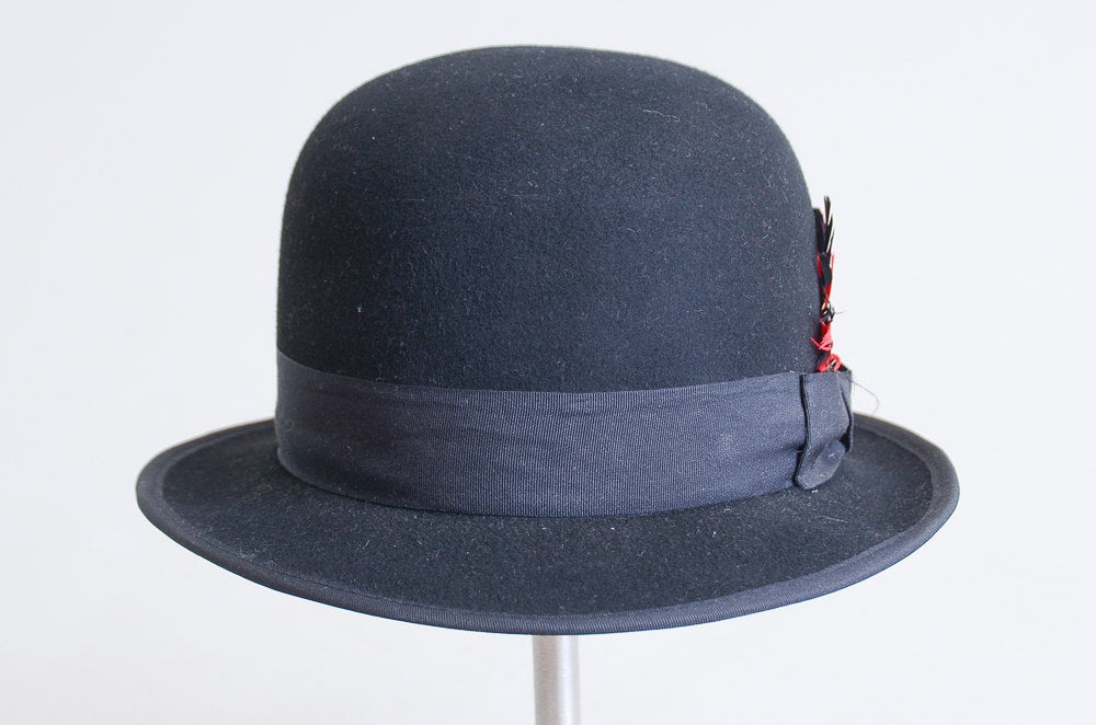 Vintage French Bowler Hat Black Wool Felt Feathered Formal Hat