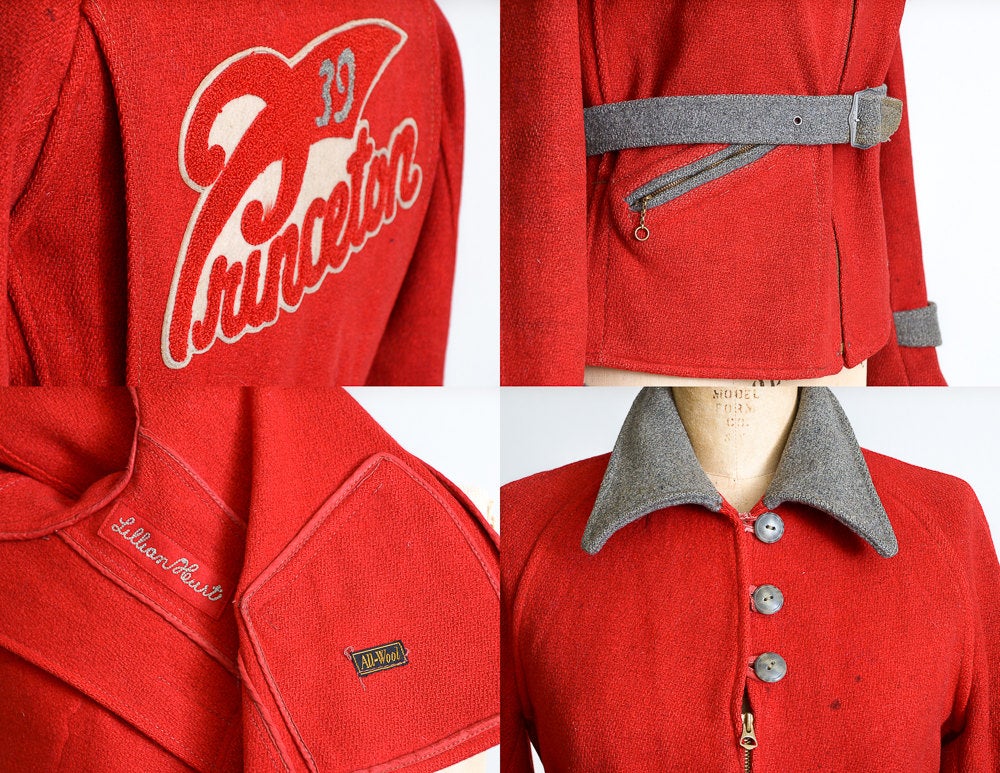 1930s Princeton School Jacket Crimson Wool Grommet Zip Lettermans Jacket