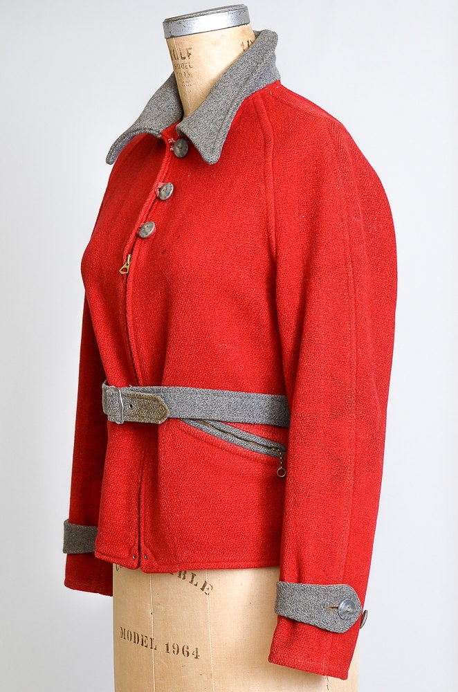 1930s Princeton School Jacket Crimson Wool Grommet Zip Lettermans Jacket