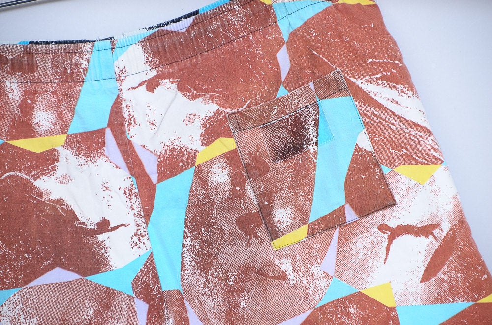 80s Surf Shorts Abstract Crazy Print Cotton Swim Shorts