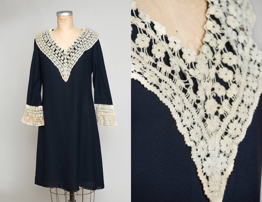 1960s Wednesday Adams Crochet Collar Black Rayon Babydoll Goth Dress