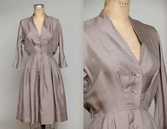 1950s Modern Silk Camel Brown Anjac Fashions California Button Down Shirt Dress