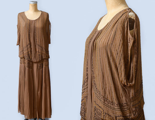 1920s Beaded Flapper Dress Heavy Hand Beaded Brown Silk Drop Waist Gatsby Dress Large