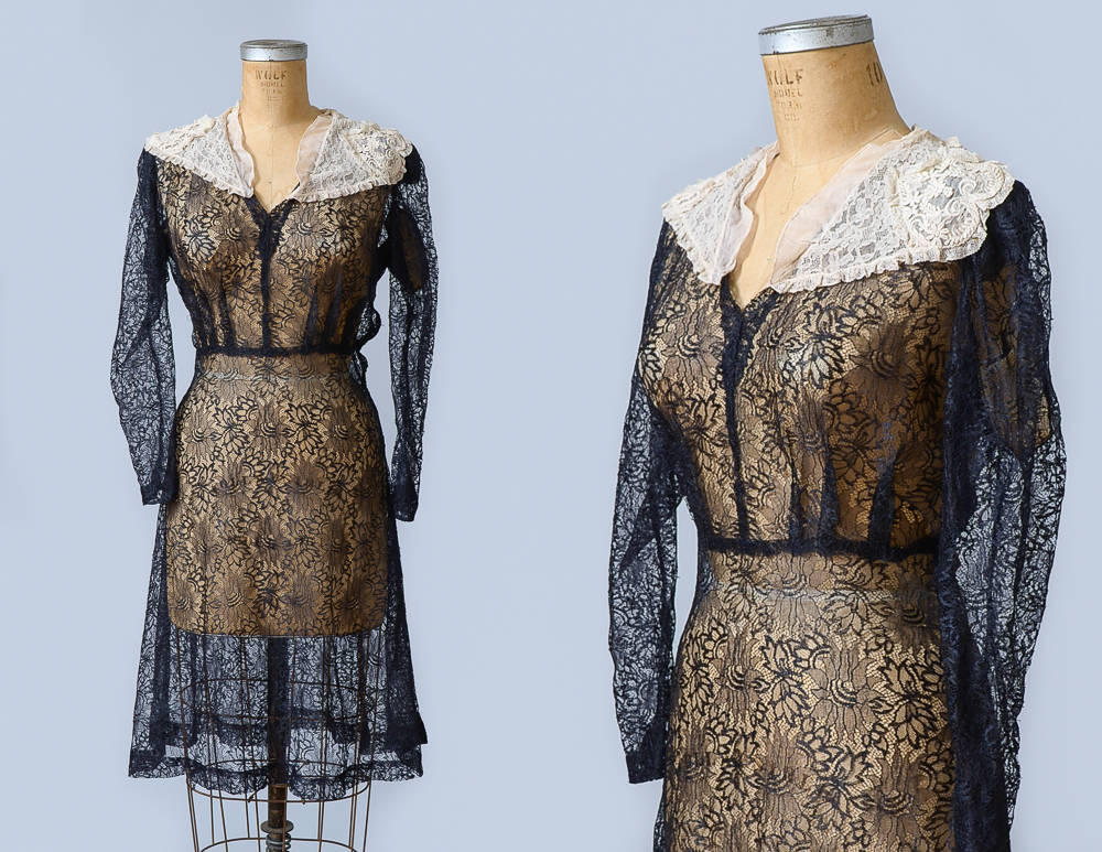 1930s Black Lace Sheer Black Floral with Ivory Heart Collar Evening Dress