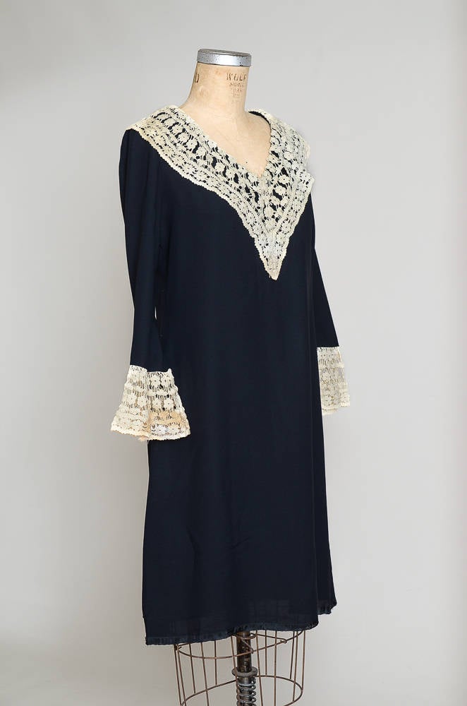 1960s Wednesday Adams Crochet Collar Black Rayon Babydoll Goth Dress