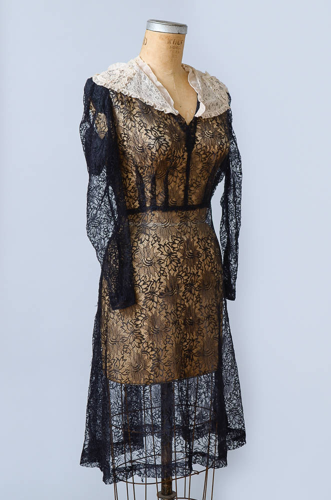 1930s Black Lace Sheer Black Floral with Ivory Heart Collar Evening Dress