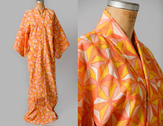 Vintage Kimono Geometric Print Orange Sherbet Cotton Traditional Robe Kimono Jacket