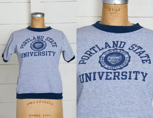 1960s Champion Portland State University Blue and White Striped College Short Sleeve Sweatshirt