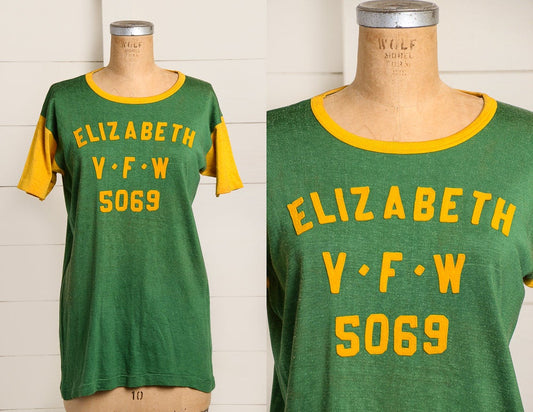 1950s Rayon Jersey Green and Gold VFW Veterans of Foreign Wars Post 5069  Rayon T Shirt