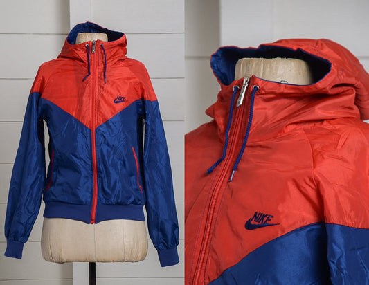 70s NIKE Hooded Made in U.K. Red & Blue Two Tone Hooded Nylon Lightweight Track Jacket