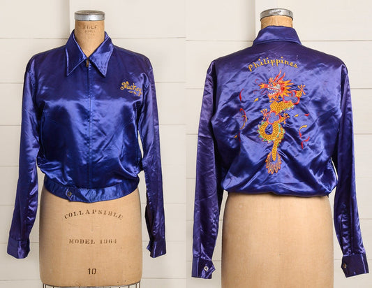 1950s Satin Souvenir Jacket Philippine Tour 'Mickey' Dragon Embroidered Blue Satin Bomber Jacket