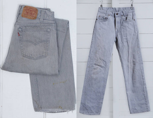 1980s Levis 701 Grey Denim Button Fly Made in USA High Waisted Jeans 25 x 28