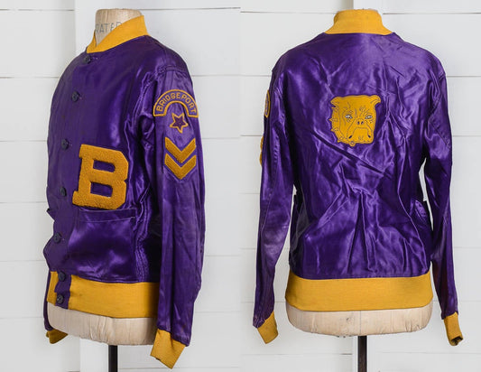 1940s Satin High School Jacket Bridgeport Bulldogs Ohio Purple and Gold School Jacket