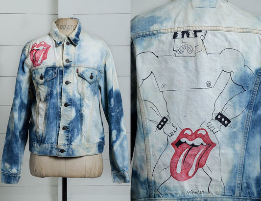 1970s Levis Bleach Wash Jean Jacket Rolling Stones Hand Drawn Punk Jacket