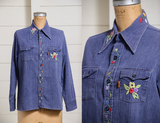 1970s Levis Orange Tag Embroidered Denim Button Down Hippie Shirt