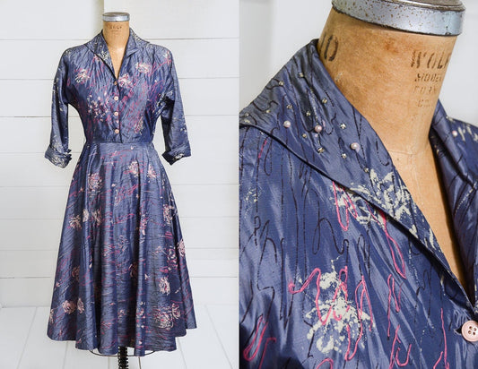 1950s Party Dress Hand Painted Abstract Rose Taffeta w/ Rhinestone Collar Button Down Full Circle Rockabilly Dress