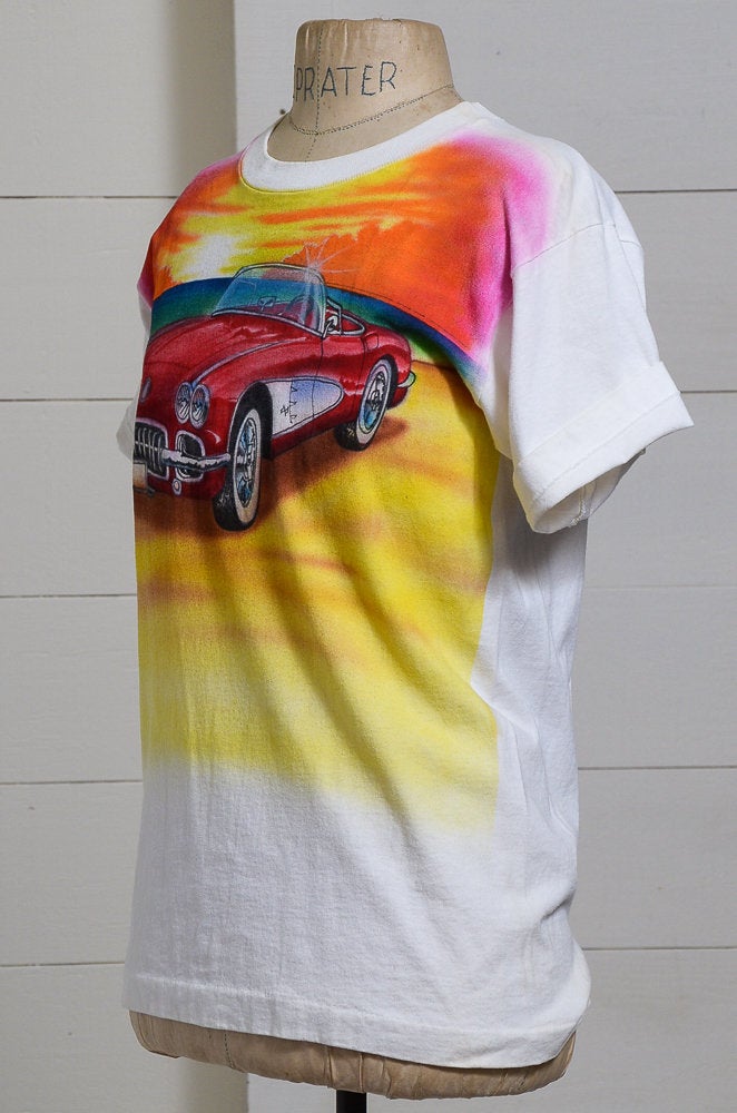 1980s Airbrush Corvette T Shirt Made in USA White Cotton Artist T Shirt