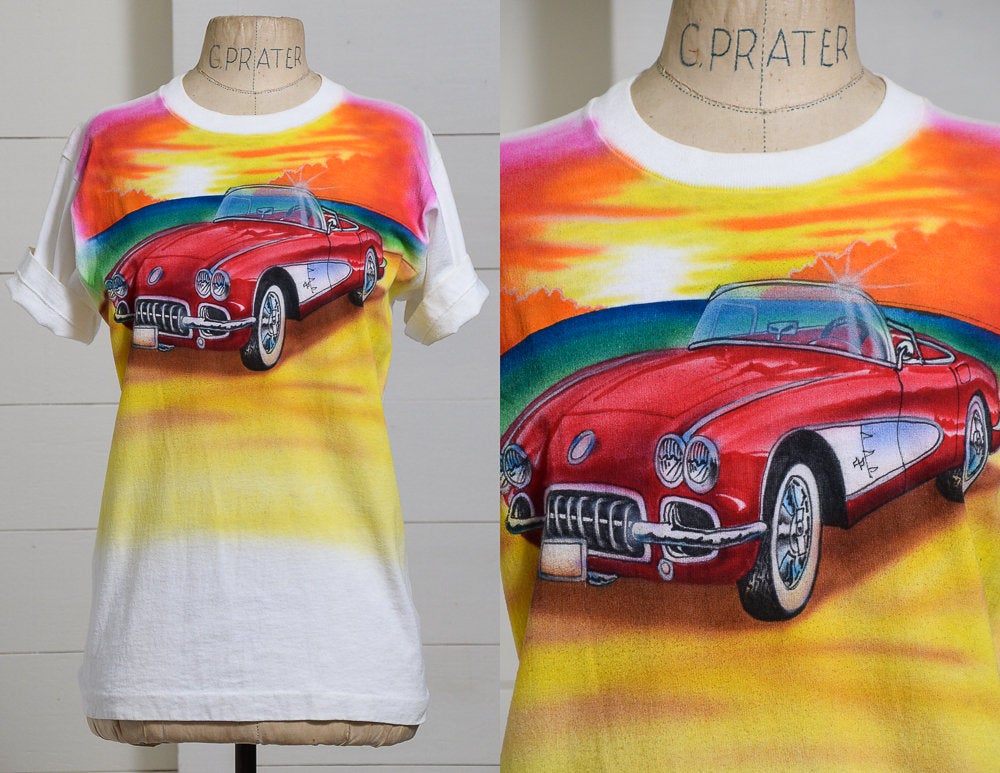 1980s Airbrush Corvette T Shirt Made in USA White Cotton Artist T Shirt