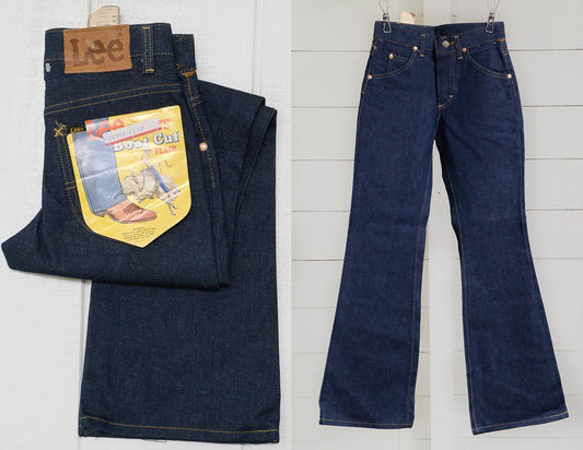 1970s LEE Deadstock Boot Leg Made in USA Dark Blue Denim Ranch Jeans 26 x 30