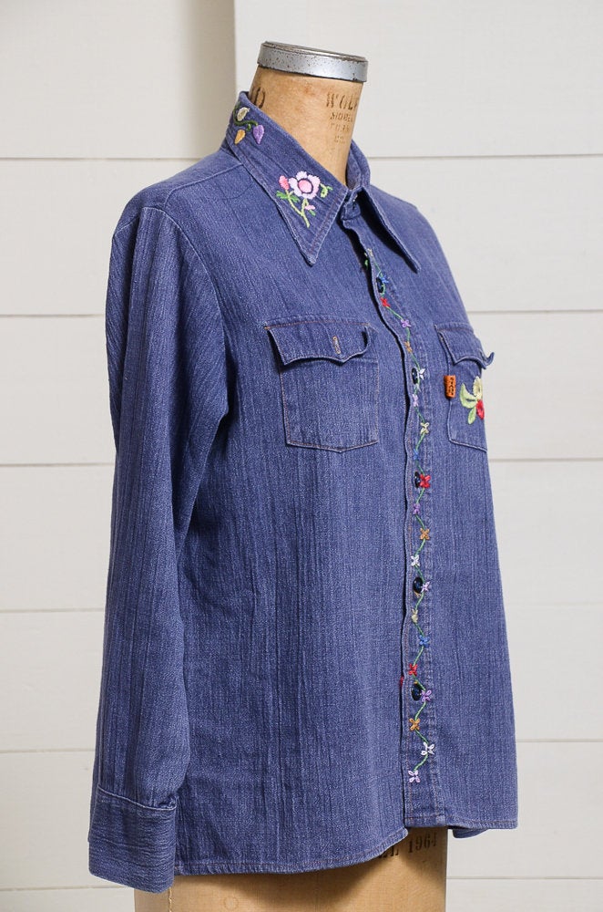 1970s Levis Orange Tag Embroidered Denim Button Down Hippie Shirt