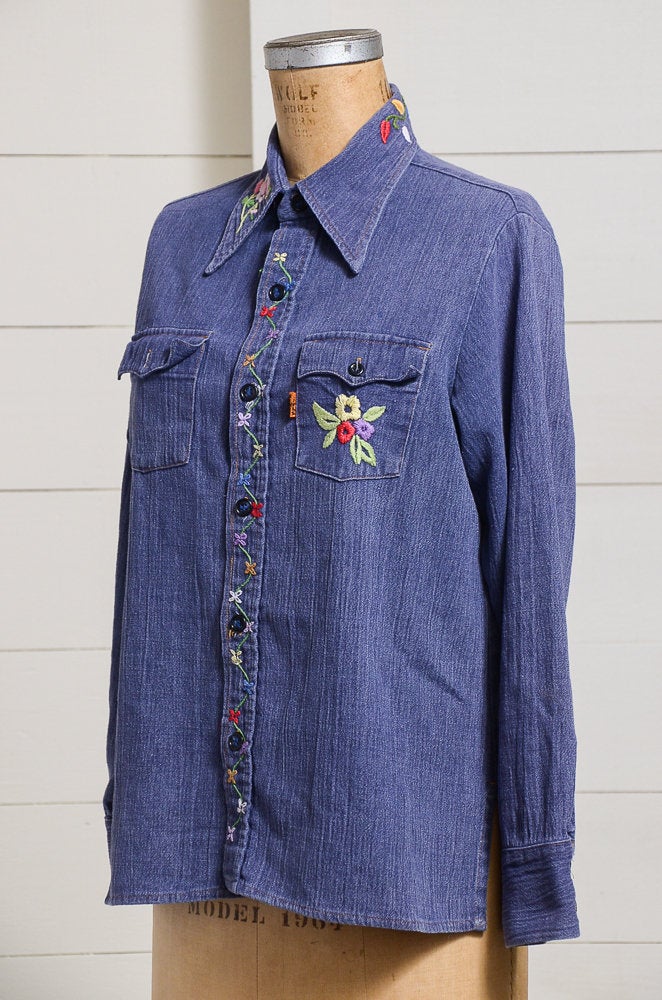 1970s Levis Orange Tag Embroidered Denim Button Down Hippie Shirt