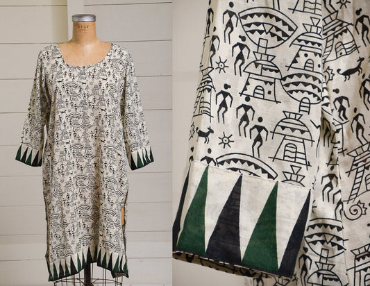 Vintage African Cotton Dress Green & Black Modern Linen Tribal Dress