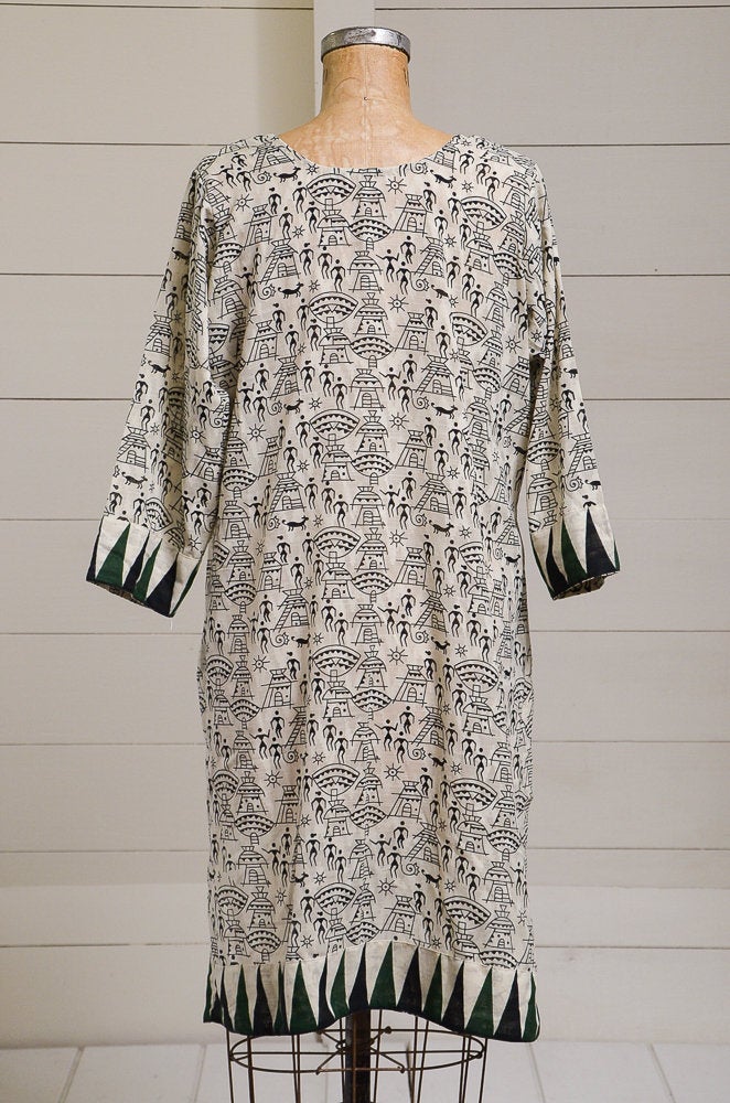 Vintage African Cotton Dress Green & Black Modern Linen Tribal Dress